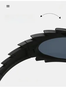 Detail of durable texture hinge on black avant-garde sunglasses with jagged frame design