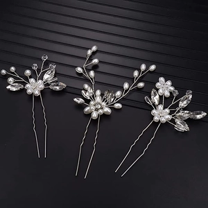 Three-piece silver hair pins with faux pearls and rhinestones in floral design