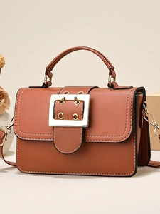 Retro brown PU leather crossbody square bag with large gold square buckle detail