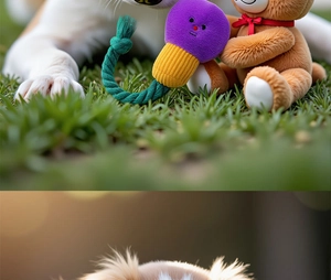 Detail of plush bear toy and purple squeaky bulb with rope on green grass background