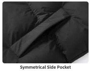 Detail of symmetrical side pockets and quilted texture on a men's black puffer vest