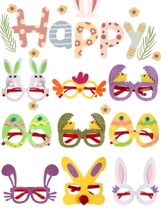 Detailed grid view of 9 unique Easter party glasses featuring bunny, chick, and egg designs