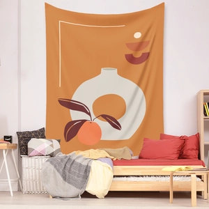Bohemian wall tapestry with modern orange floral art for bedroom background decor