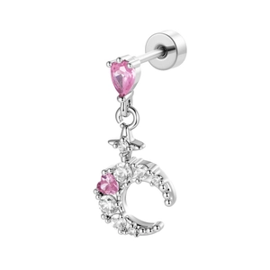 Silver crescent moon ear stud with dangling star and pink teardrop zircon gem