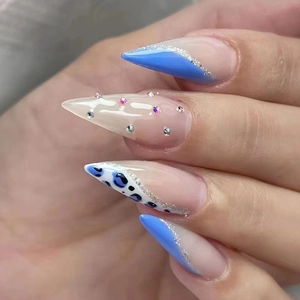 Blue White Leopard Press On Nails Almond Stiletto Shape Rhinestone Glitter Decoration False Nails Artificial Nails Trendy Fashion