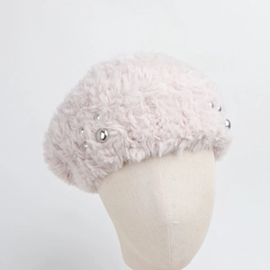 Pink faux rabbit fur beret for women with stylish pearl bead accents and warm thick texture