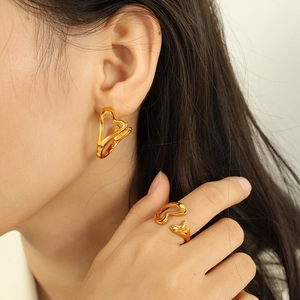 Minimalist gold hollow heart jewelry set with elegant earrings and ring for women