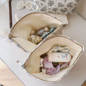 Macro view of floral canvas toiletry bags showing open interior and metal zipper