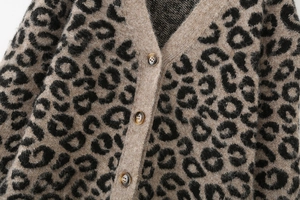 Détail du cardigan léopard à col en V avec boutons en écaille ambrée et texture tricotée