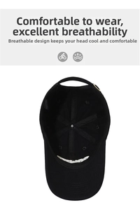 Detailed interior of a black baseball cap showing reinforced seams and adjustable metal buckle