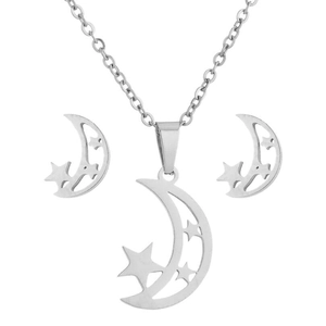 Parure de bijoux en argent avec collier croissant de lune et étoile et boucles d'oreilles