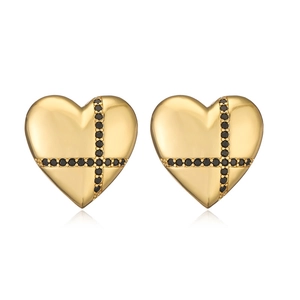 Detailed shot of 18K gold plated heart stud earrings with black gem cross patterns