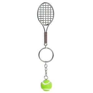 Miniature tennis racket and ball keychain accessory in metallic silver and green