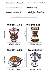 Detailed size chart for vintage cartoon coffee pins including weight and dimensions