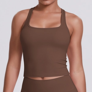 Front view of brown racerback sports bra with square neck and moisture-wicking fabric