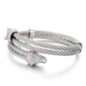 Double Wolf Head Stainless Steel Twisted Cable Open Cuff Bracelet Men Punk Viking Style Jewelry