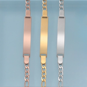 Polished stainless steel kids ID bracelets in rose gold, gold, and silver finishes