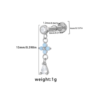 Detailed size chart of a silver labret stud with blue zircon flower and drop pendant