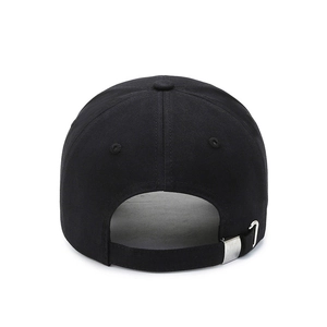 Rear view of black cotton baseball cap showing adjustable silver metal buckle detail