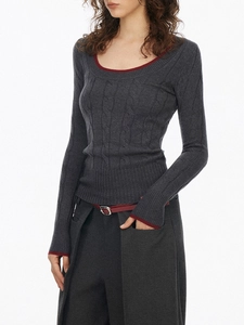 Detailed view of dark grey cable knit sweater featuring burgundy contrast trim on neckline