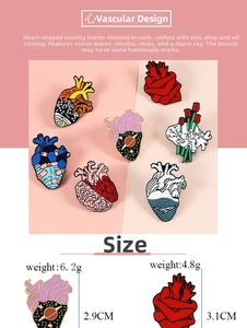 Detailed size specifications for creative heart enamel pins with diverse thematic patterns