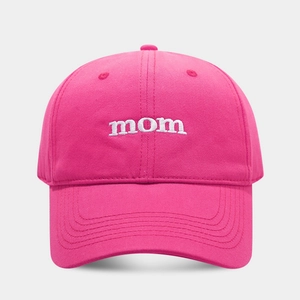 Pink cotton baseball cap for women with white embroidered mom text on the front