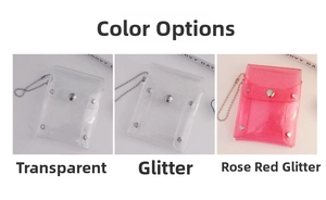 Glitter PVC mini card holders in transparent and magenta colors with metal ball chains