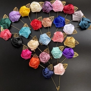 Handmade satin rose lapel pins with golden leaves for men's suits in various colors