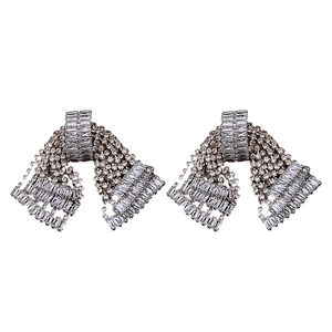 Silver bow knot tassel earrings with sparkling rhinestones for a luxury elegant look