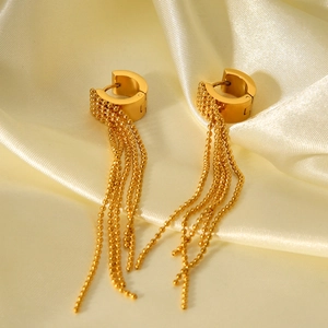 Golden stainless steel round hoop earrings with elegant bead chain tassels on silk