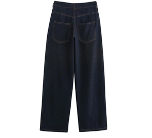 Flat lay back view of high-waisted wide-leg dark blue denim pants with yellow stitching