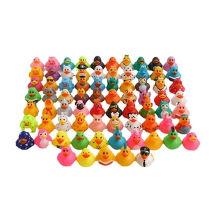 Assorted vinyl rubber ducks in various colors and fun characters on a white background
