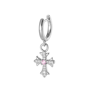 Silver cross earring with micro-pave crystals and center pink stone on white background