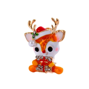 Christmas reindeer brooch with red hat and rhinestone gift box on gold-plated metal