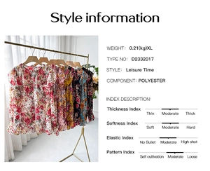 Detail showing 100% polyester floral chiffon fabric and ruffled sleeve of the shirt