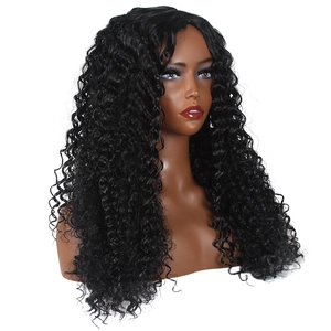 Detail of black long deep wave afro curly wig on a mannequin head with studio lighting