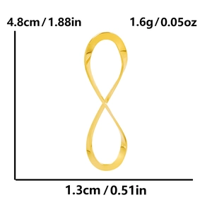 Golden infinity pendant dimensions 4.8cm by 1.3cm showing weight 1.6g on white background