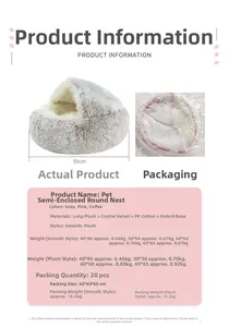 Detail des halbgeschlossenen Plüsch-Haustierbetts mit 50 cm Durchmesser und Verpackung