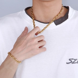 Close-up of a high-shine 18K gold plated chunky stainless steel chain set on a model