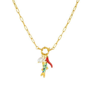 Gold stainless steel paperclip necklace featuring colorful fish, pearl, and pepper pendants