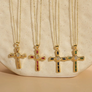 Hypoallergenic cross pendant necklace with colored cubic zirconia in 14K gold plating
