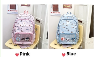 Detail of cute dachshund graffiti backpacks with clear display window for badges