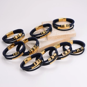 Multi-layer navy blue braided leather bracelet for men with golden magnetic clasp