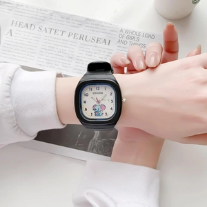 Wrist view of a square silicone watch with a cartoon mouse design and luminous display