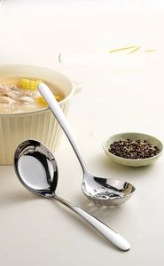 Polished 304 stainless steel soup ladle and colander set with long ergonomic handles