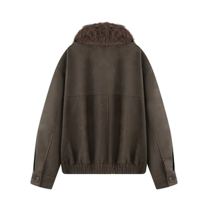 Detail view of the brown PU jacket back featuring a plush fur collar and ribbed hemline