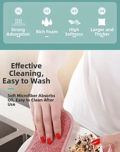 Microfiber dishwashing sponge shown scrubbing a greasy plate with rich soapy foam