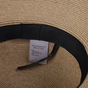Detail shot of woven straw hat interior with sweatband and composition label