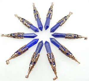 Detailed set of 10 lapis lazuli hexagonal pendants with vintage metal caps and loops