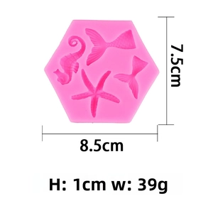 Pink silicone mold with mermaid tail, starfish and seahorse motifs, 8.5x7.5cm size